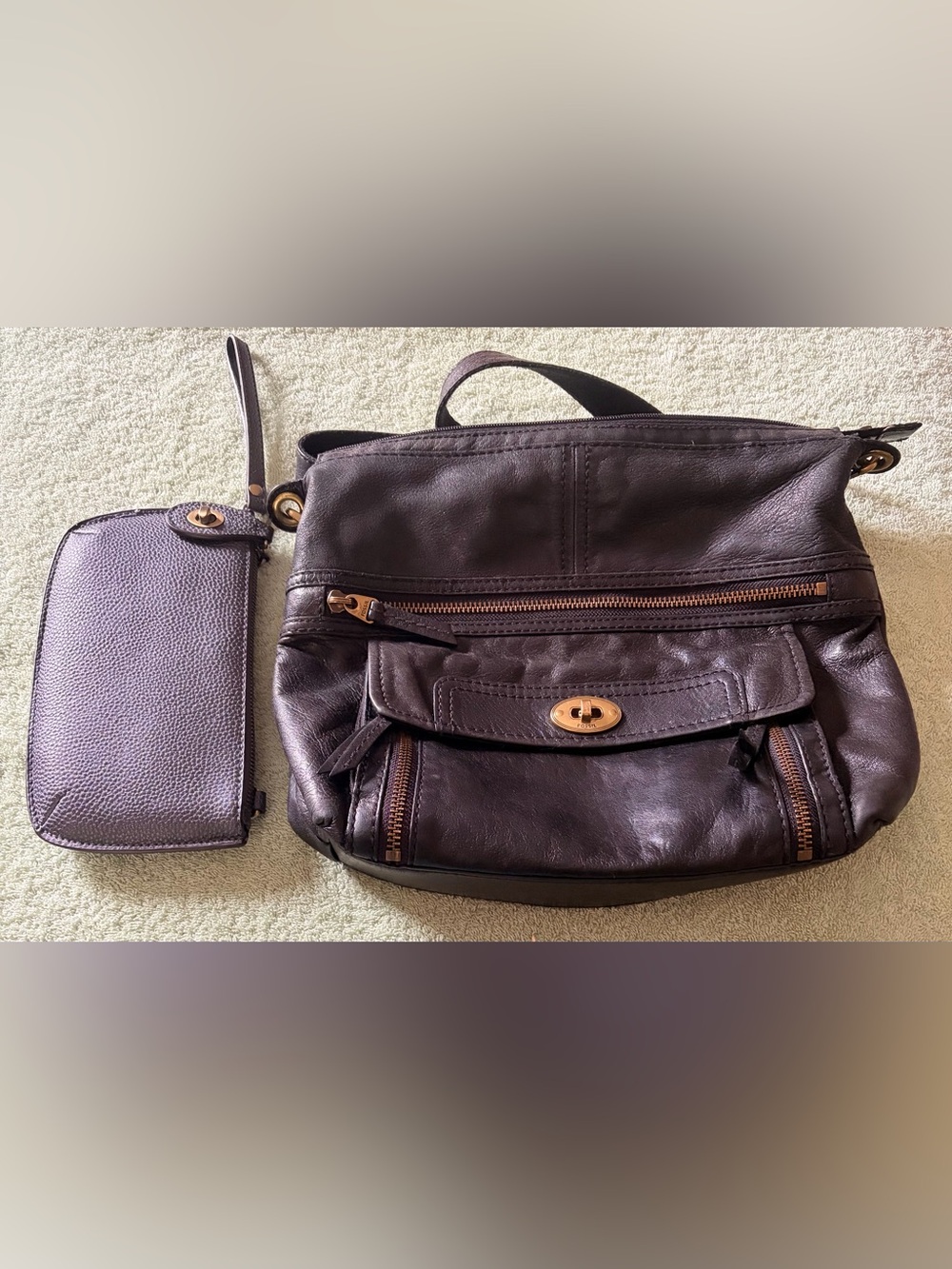 Fossil Dark Brown Leather Crossbody Bag with Gold Hardware